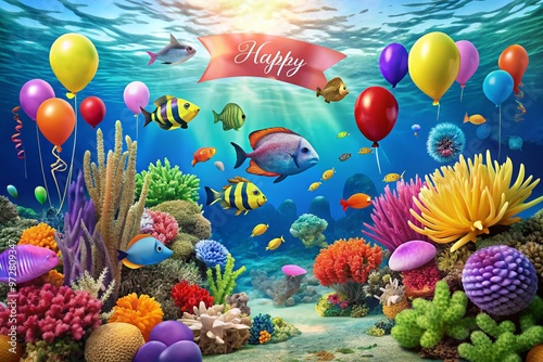 Vibrant underwater scene featuring a school of colorful fish swimming around a coral reef with balloons and photo