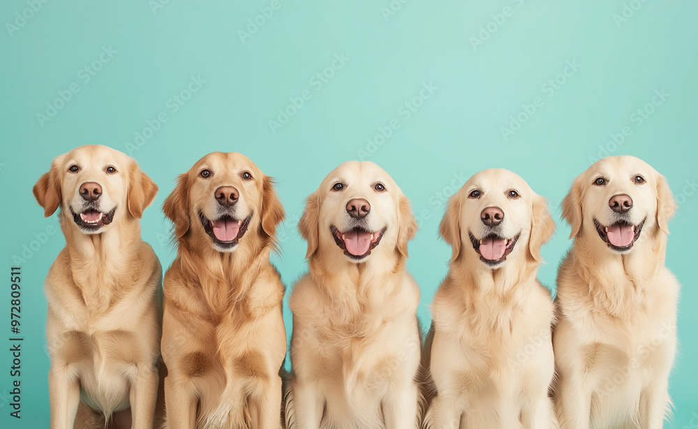 Five Golden Retrievers sitting in a row, smiling happily against a bright teal background. Five Golden Retrievers sitting in a row, smiling happily against a bright teal background.