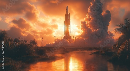 Epic Rocket Launch with Lush Greenery and Reflected Sunlight - AI generated illustration