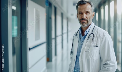 confident young male doctor posing in the hallway of a medical facility, representing healthcare professionals.