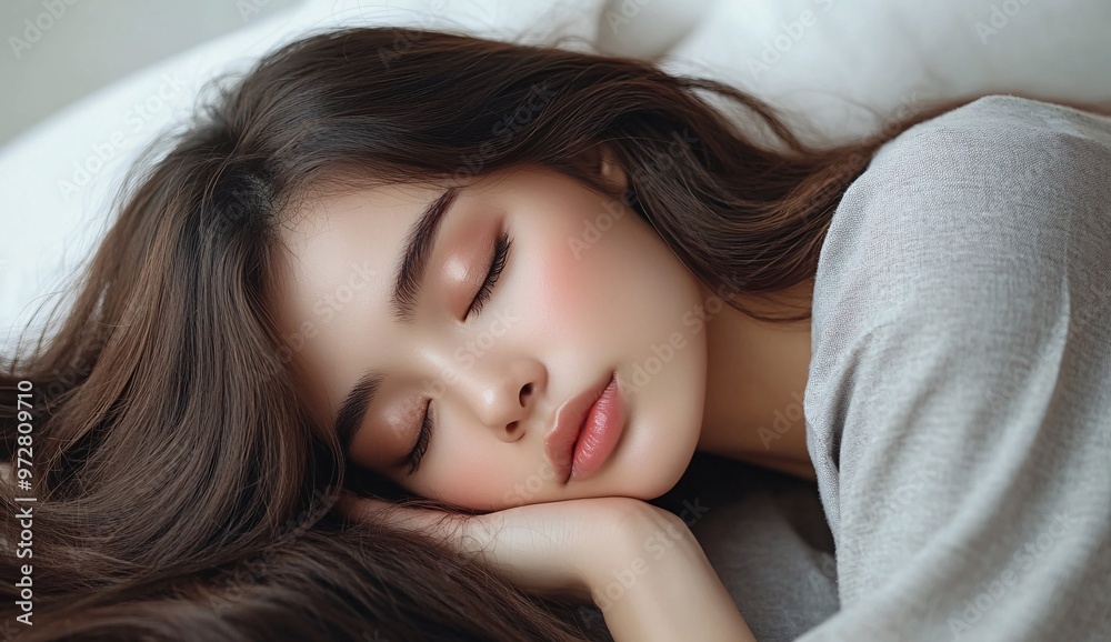 Softly sleeping young woman resting on a gray pillow in natural light at home Softly sleeping young woman resting on a gray pillow in natural light at home