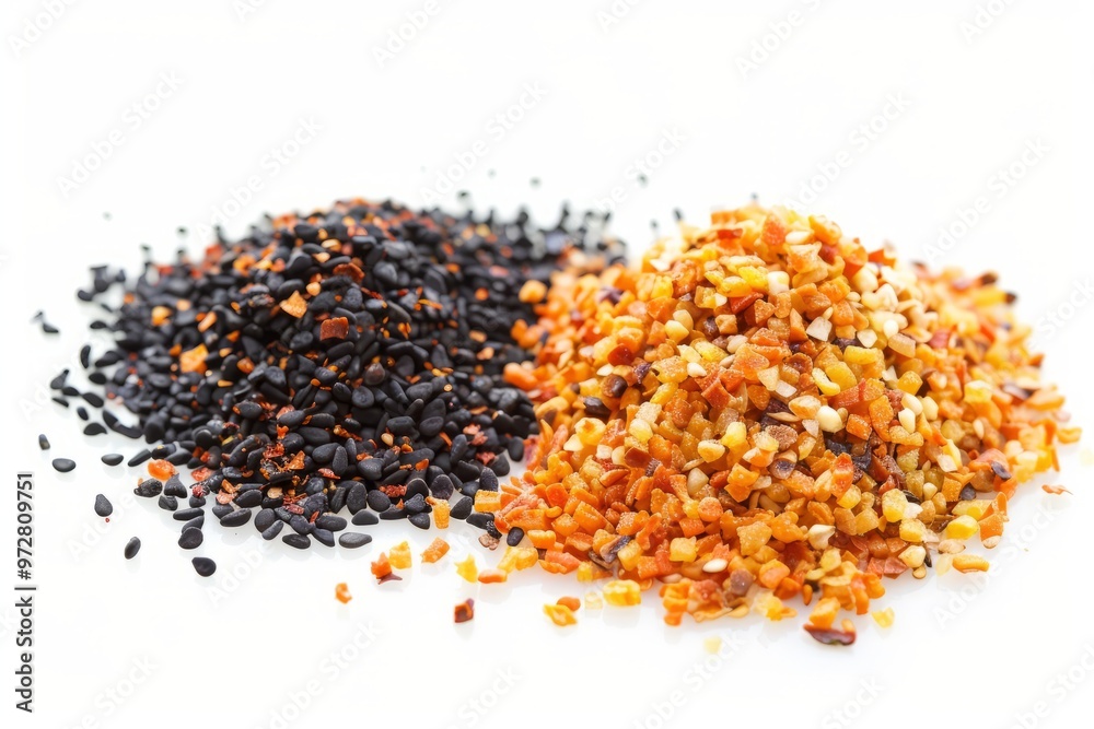 A fresh Shichimi togarashi and Shichimi togarashi Power isolated on white A fresh Shichimi togarashi and Shichimi togarashi Power isolated on white