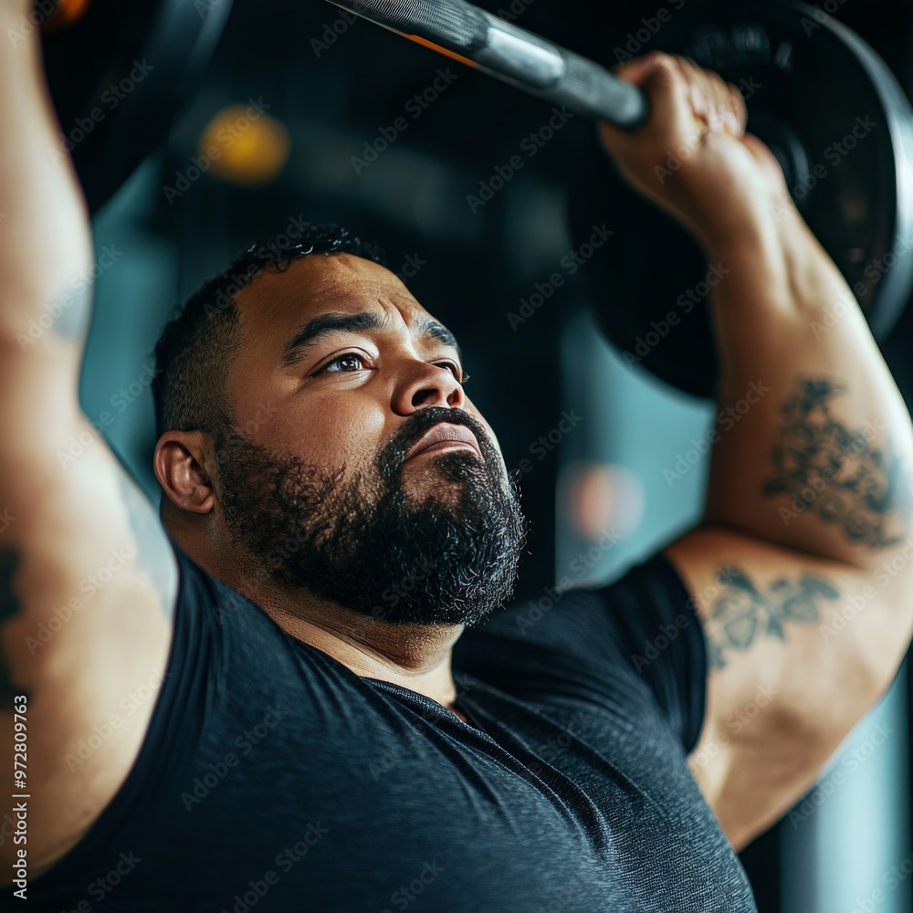 A close-up of a plus-sized man lifting weights in the gym, focused on building strength and endurance