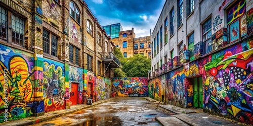 Vibrant, urban landscape featuring a rundown wall covered in colorful, abstract graffiti tags and stylized logos,