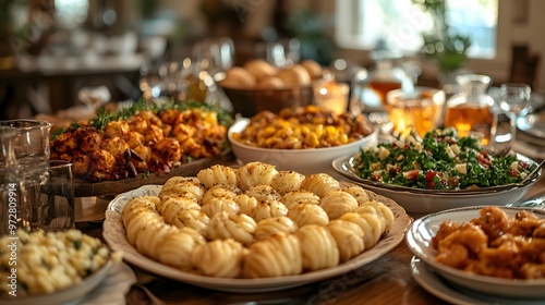 Families of different backgrounds coming together to share a Rosh Hashanah dinner, featuring traditional dishes and a festive setting.