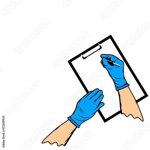 nurse's hands wearing medical gloves noted top view vector illustration