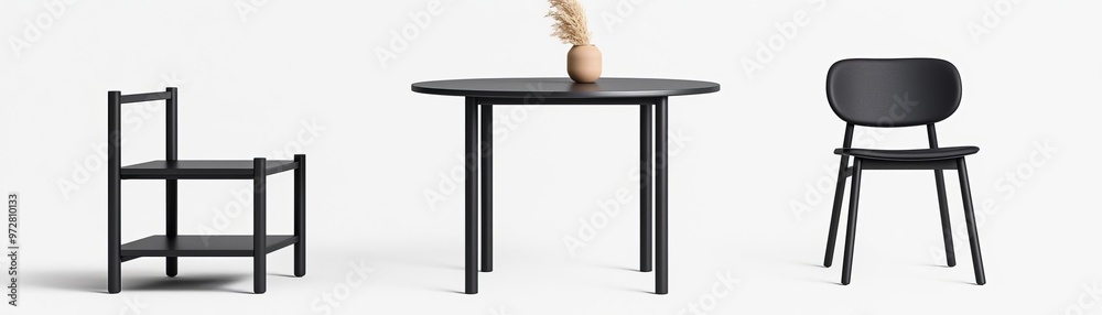 Stylish modern furniture set featuring a black table and two chairs with a decorative arrangement, perfect for contemporary interiors. Stylish modern furniture set featuring a black table and two chairs with a decorative arrangement, perfect for contemporary interiors.