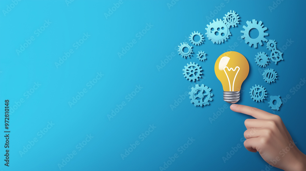 Innovation in Motion: Hand Pointing at Idea Icon with Gears and Light Bulb