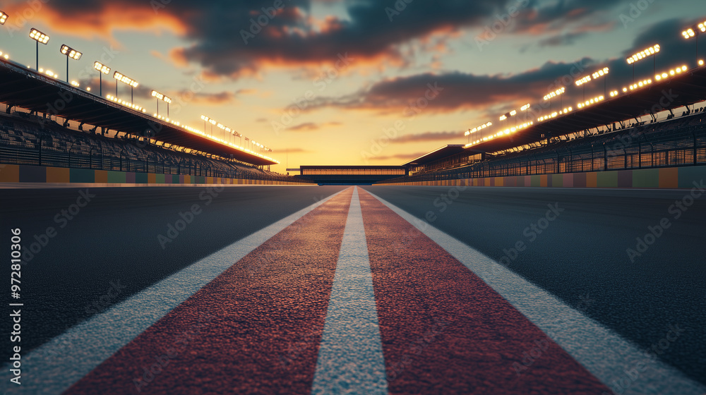Obraz premium Ready for Speed: Deserted Racetrack at Sunset with Stadium in the Background