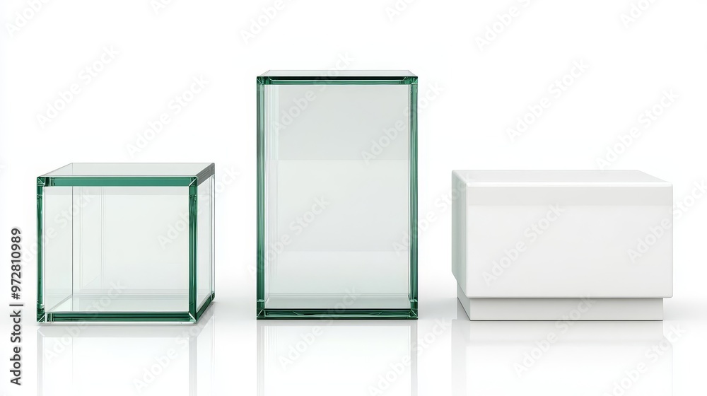 Modern geometric display boxes in clear glass and white finish, perfect for showcasing collectibles or decorative items. Modern geometric display boxes in clear glass and white finish, perfect for showcasing collectibles or decorative items.