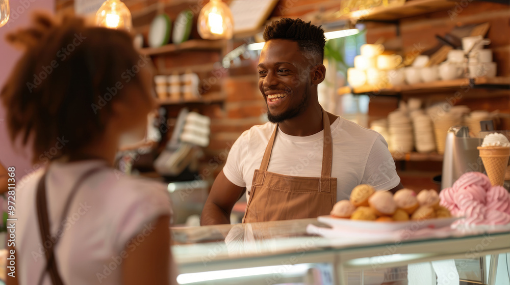 Friendly Ice Cream Vendor Serving Customer Friendly Ice Cream Vendor Serving Customer