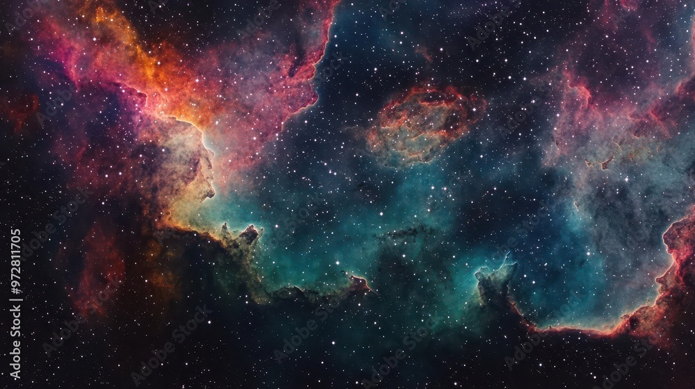 Naklejka premium cosmic nebula swirling with vibrant hues stars twinkling in velvet darkness ethereal tendrils of stardust weaving intricate patterns across vast expanse of space