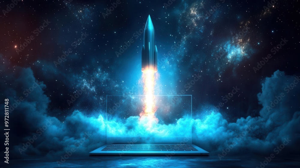 cosmic startup launch cerulean laptop unleashes luminous rocket digital dreams take flight celestial innovation journey stellar entrepreneurship tech ascension space for visionary text cosmic startup launch cerulean laptop unleashes luminous rocket digital dreams take flight celestial innovation journey stellar entrepreneurship tech ascension space for visionary text