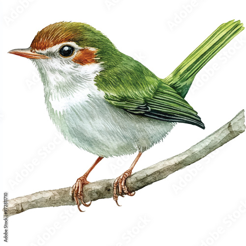 cute Common tailorbird watercolor clipart illustration isolated