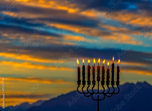 Burning Hanukkah candles as Jewish Holiday of Light, the original photo was t...