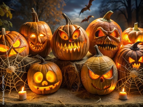 * Creepy pumpkin carvings ghoulish faces spider web shadows photo