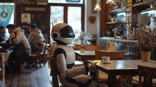 Robot Sitting at a Table in a Cafe photo