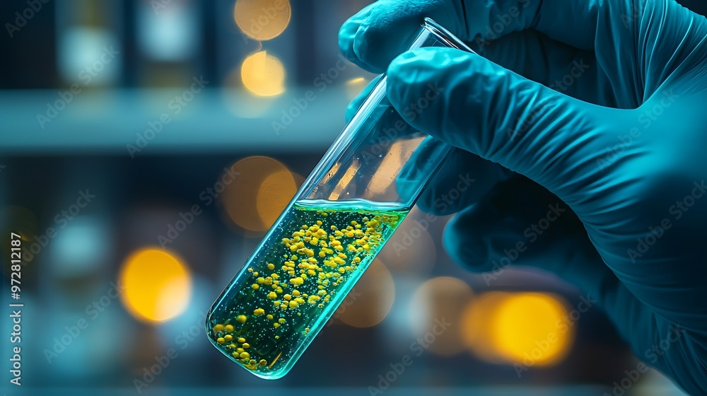 A scientist holding a test tube with yellow particles in blue liquid. A scientist holding a test tube with yellow particles in blue liquid.
