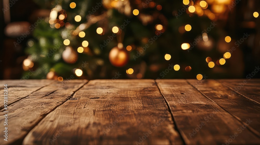 cozy christmas scene with bokehlit pine tree empty rustic wooden table in foreground for product display warm inviting holiday atmosphere cozy christmas scene with bokehlit pine tree empty rustic wooden table in foreground for product display warm inviting holiday atmosphere