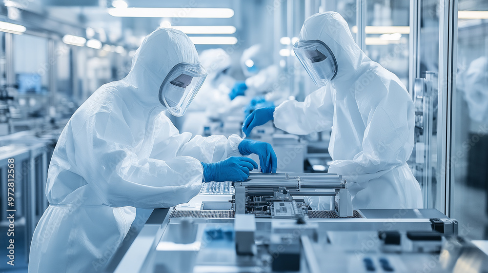 Scientists in full protective suits working in a sterile laboratory environment with advanced equipment. Scientists in full protective suits working in a sterile laboratory environment with advanced equipment.
