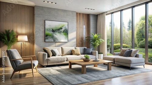 A modern living room with large floor to ceiling windows a light beige sectional couch wooden accent walls houseplants and a view of lush greenery