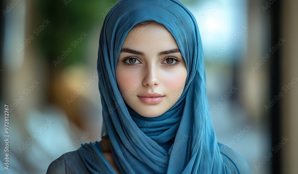 Beautiful Young Muslim Woman in Blue Hijab and Dress, Candid Street Photography - AI generated illustration Beautiful Young Muslim Woman in Blue Hijab and Dress, Candid Street Photography - AI generated illustration