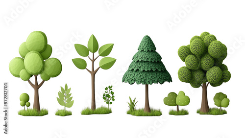 A row of stylized cartoon trees and bushes set against a black background. photo