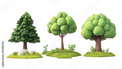 Three low-poly trees with green foliage, grass, and white rocks on a black background.