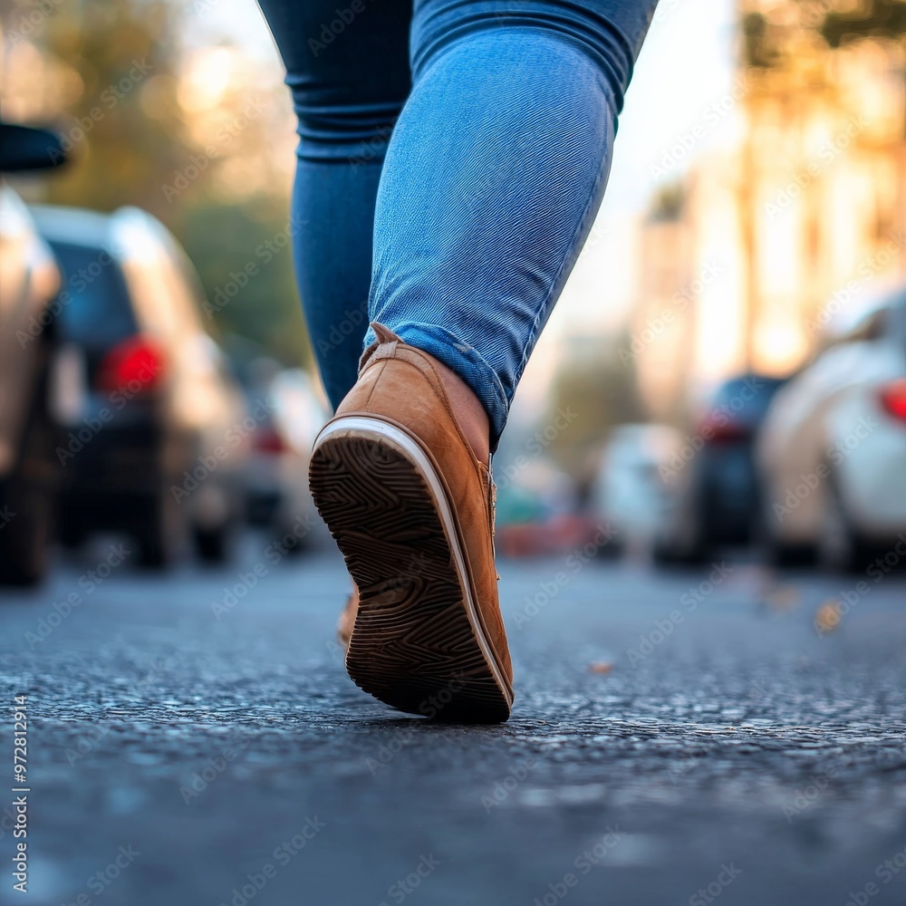 Obraz premium A close-up of a plus-sized person's legs as they walk confidently down the street, embracing their journey with every step