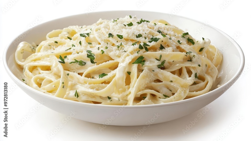 creamy fettuccine alfredo pasta elegantly presented in a white ceramic bowl garnished with fresh herbs and grated parmesan set against a pristine white background creamy fettuccine alfredo pasta elegantly presented in a white ceramic bowl garnished with fresh herbs and grated parmesan set against a pristine white background