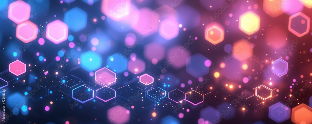 Naklejka premium Colorful abstract phone wallpaper background with glowing hexagons and bokeh effect in vibrant pink, purple, and blue hues