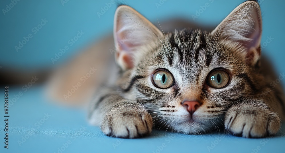 Grey Tabby Cat Relaxing on Blue Background in Studio Shot - AI generated illustration Grey Tabby Cat Relaxing on Blue Background in Studio Shot - AI generated illustration