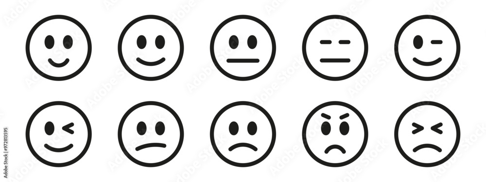 Emoticons set. Emoji faces collection. Emojis flat style. Happy and sad emoji. Line smiley vector icon. Emoticons set. Emoji faces collection. Emojis flat style. Happy and sad emoji. Line smiley vector icon.