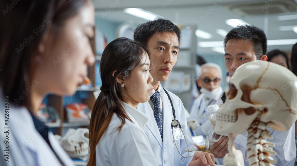 Medical Students Studying Human Skeleton Model Medical Students Studying Human Skeleton Model