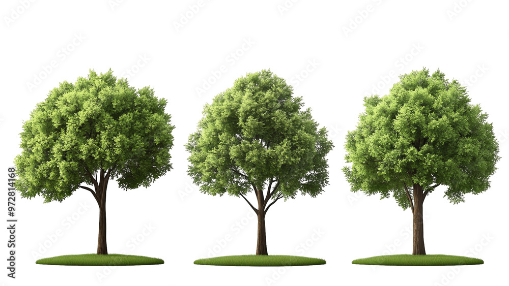 Three identical trees with green foliage, brown trunks, and patches of grass isolated against a black background. Three identical trees with green foliage, brown trunks, and patches of grass isolated against a black background.