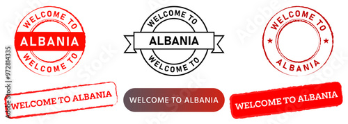 Welcome to Albania stamp red badge symbol tourist destination country Balkans tourism place design set collection