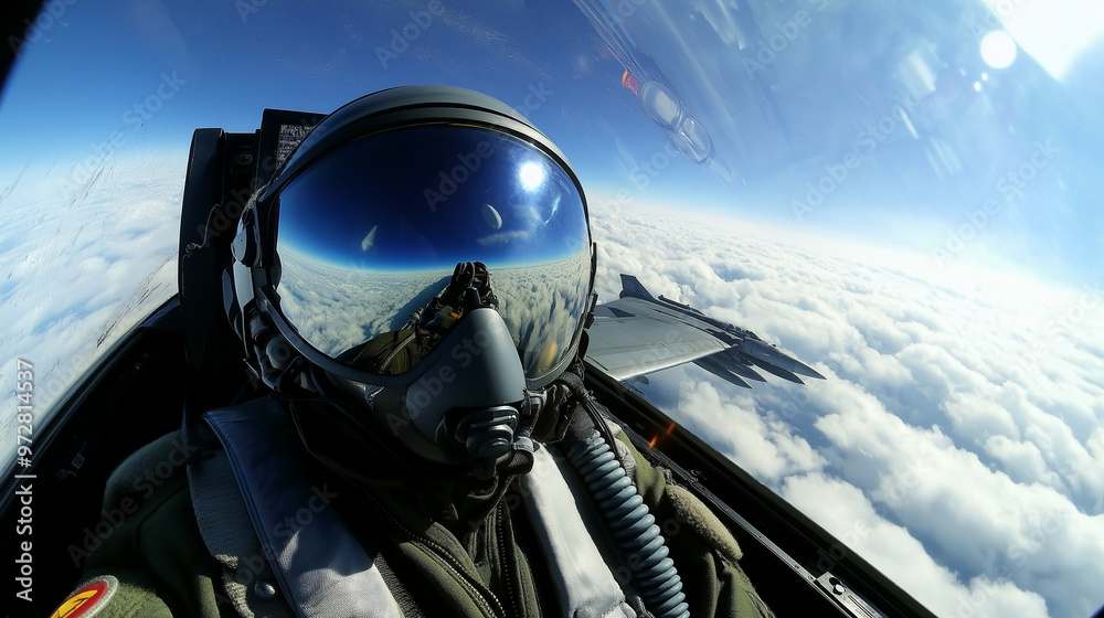 Fighter pilot in cockpit flying above the clouds with reflective helmet visor capturing the sky. Fighter pilot in cockpit flying above the clouds with reflective helmet visor capturing the sky.
