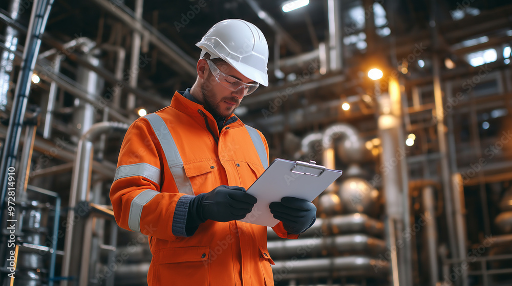 Industrial engineer wearing a hard hat and high-visibility jacket using a tablet in a large factory. Industrial engineer wearing a hard hat and high-visibility jacket using a tablet in a large factory.