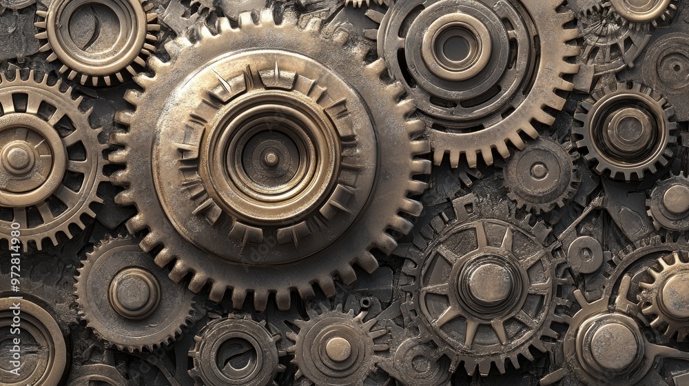 Intricate arrangement of gears, highlighting mechanical design concepts,illustrator 3D Intricate arrangement of gears, highlighting mechanical design concepts,illustrator 3D