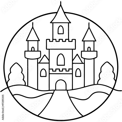 castle with background outline coloring book page line art drawing