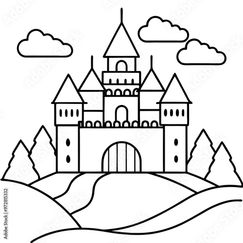 castle with background outline coloring book page line art drawing