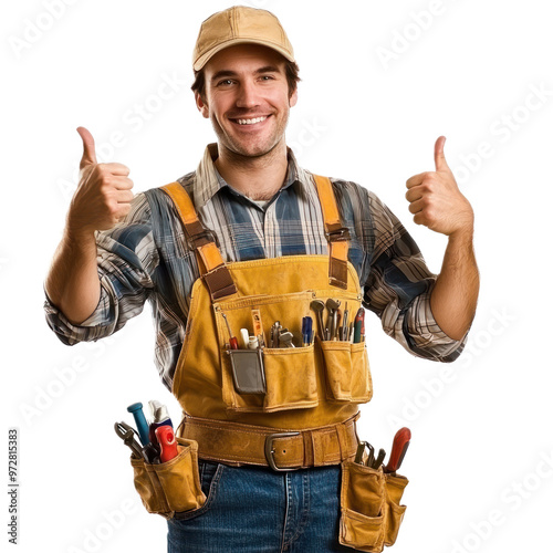 A handyman holding a tool belt in one hand and giving a thumbs-up with a smile. isolated on transparency background photo