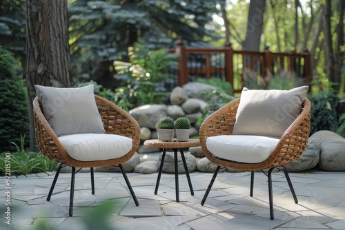 Wallpaper Mural 3-piece patio set with two rattan chairs and end table, light brown frame, black legs, white cushions, stone floor, garden background, impressionist style. Torontodigital.ca