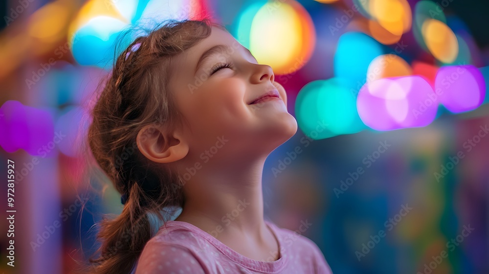 Child enjoying colorful lights with a joyful expression. Child enjoying colorful lights with a joyful expression.