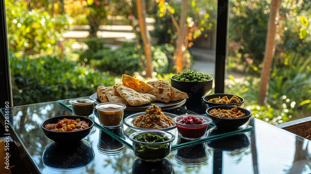 Indian food, flatbread, dips and chutneys, on glass table, garden background. Indian food, flatbread, dips and chutneys, on glass table, garden background.