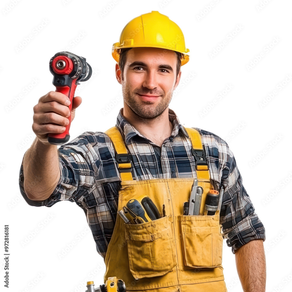 A handyman holding a drill and gesturing as if preparing to use it. isolated on transparency background A handyman holding a drill and gesturing as if preparing to use it. isolated on transparency background