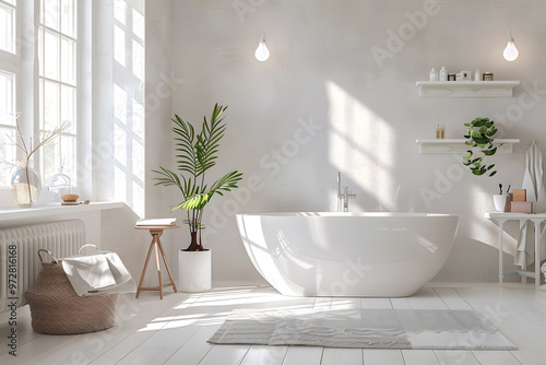 Bright bathroom interior with white tones wall. Generative Ai.