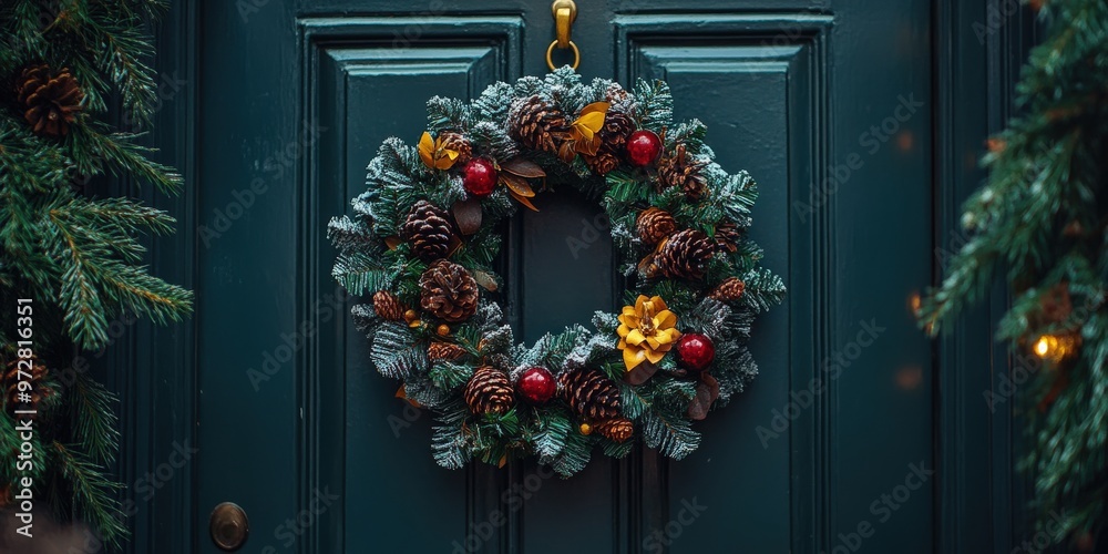 Christmas Wreath with Red Bow Hanging on Window Christmas Wreath with Red Bow Hanging on Window