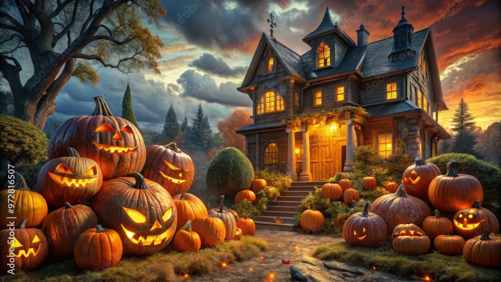 Obraz premium * Frightening giant pumpkins jack o lanterns haunted house halloween decorations spooky autumnal colors orange and yellow
