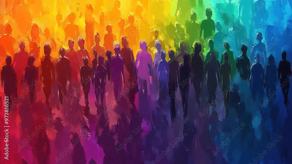 diverse crowd forms vibrant rainbow flag stylized figures blend seamlessly creating dynamic pattern bold colors unity theme pride celebration inclusion concept art diverse crowd forms vibrant rainbow flag stylized figures blend seamlessly creating dynamic pattern bold colors unity theme pride celebration inclusion concept art
